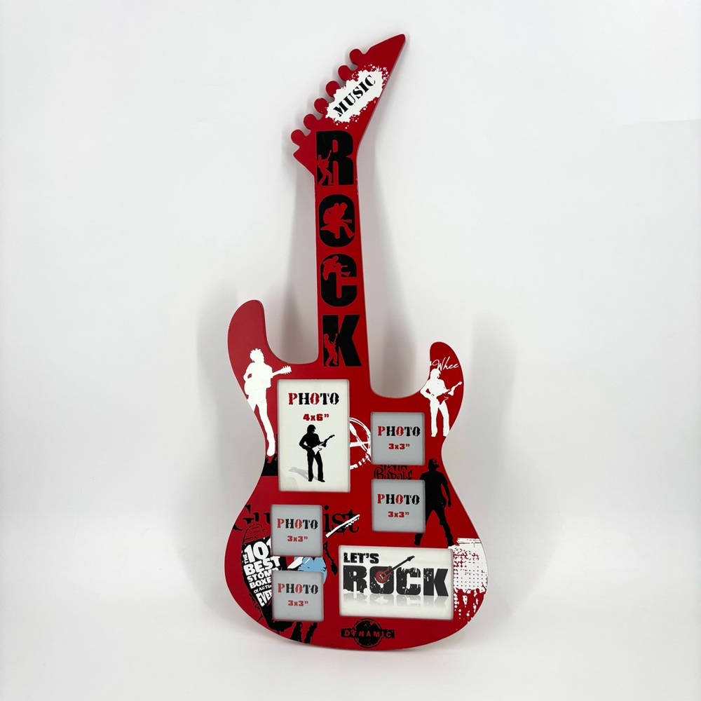 Red with Black and White NWOT Guitar Shaped Six Slot Picture Frame, 13” x 29”